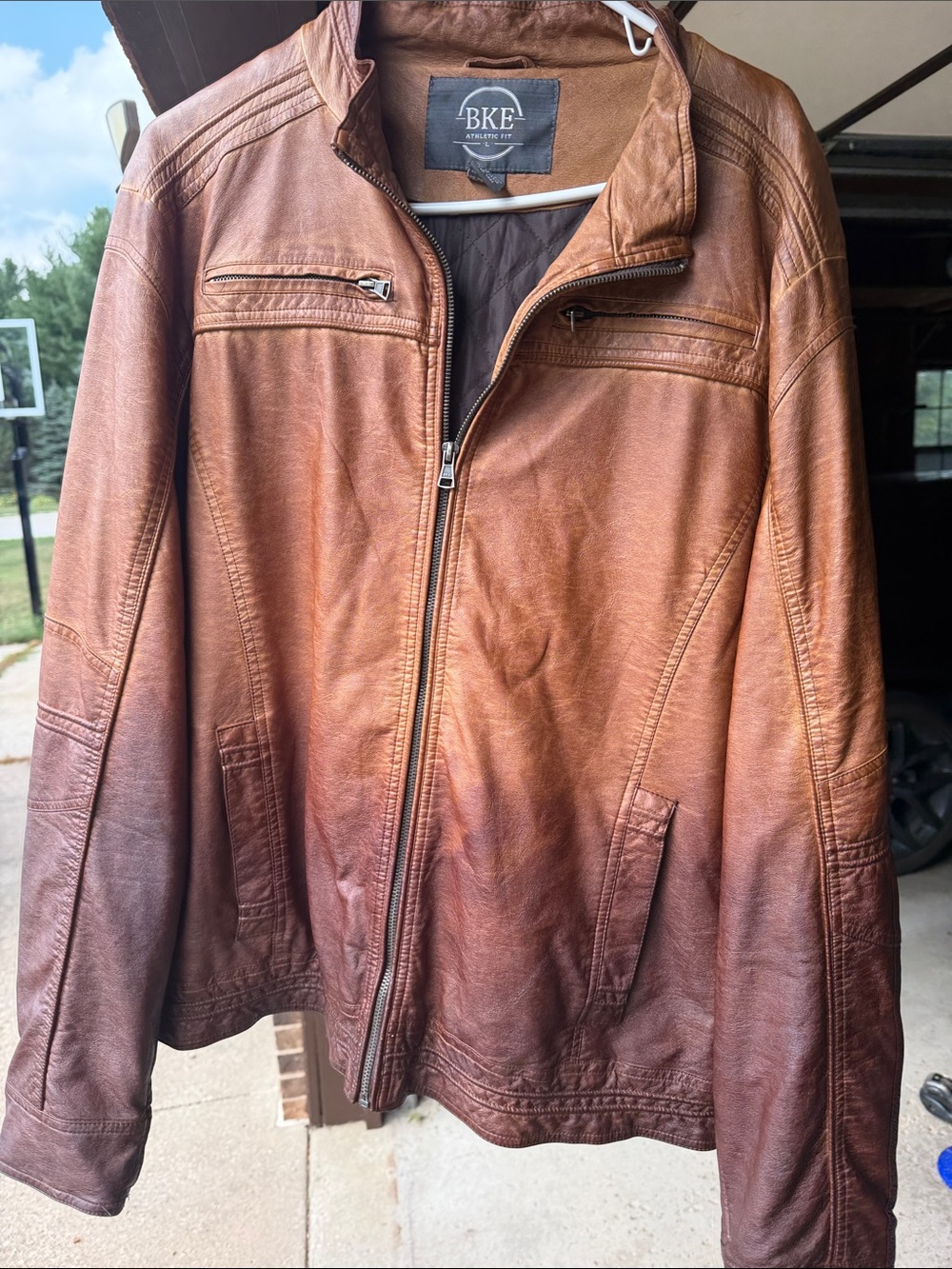 BKE Men's Chestnut Brown Leather Bomber Jacket